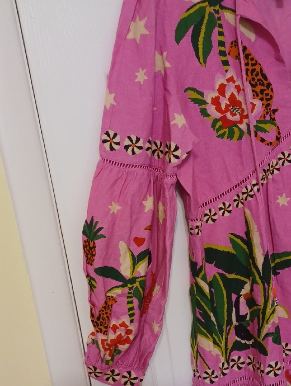 FARM rio Sz L, Leopard Forest Linen Blend, Pink Floral Mini Dress. Fully Lind - Picture 6 of 10
